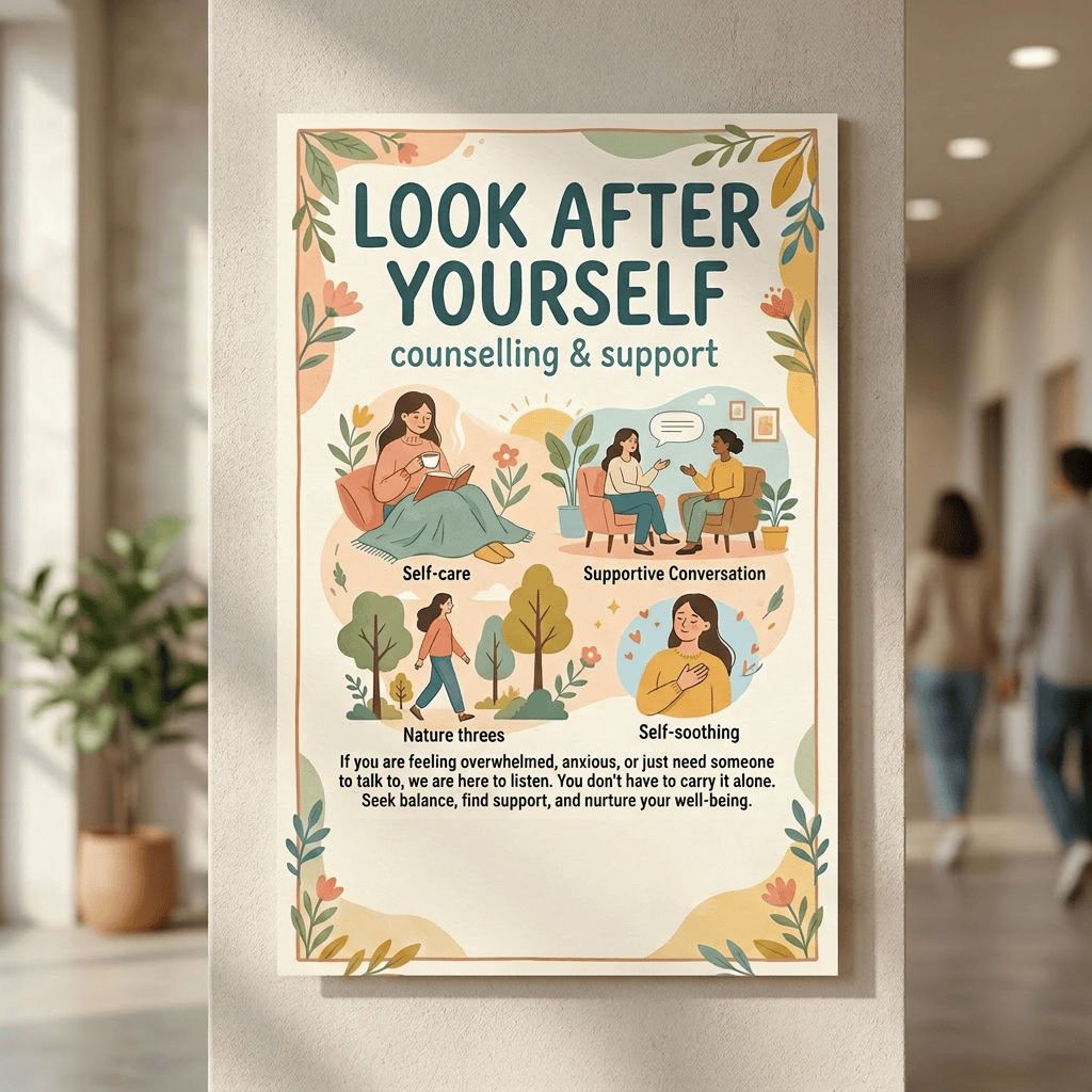 Poster promoting counselling and support with self-care, supportive conversation, nature walks, and self-soothing illustrations