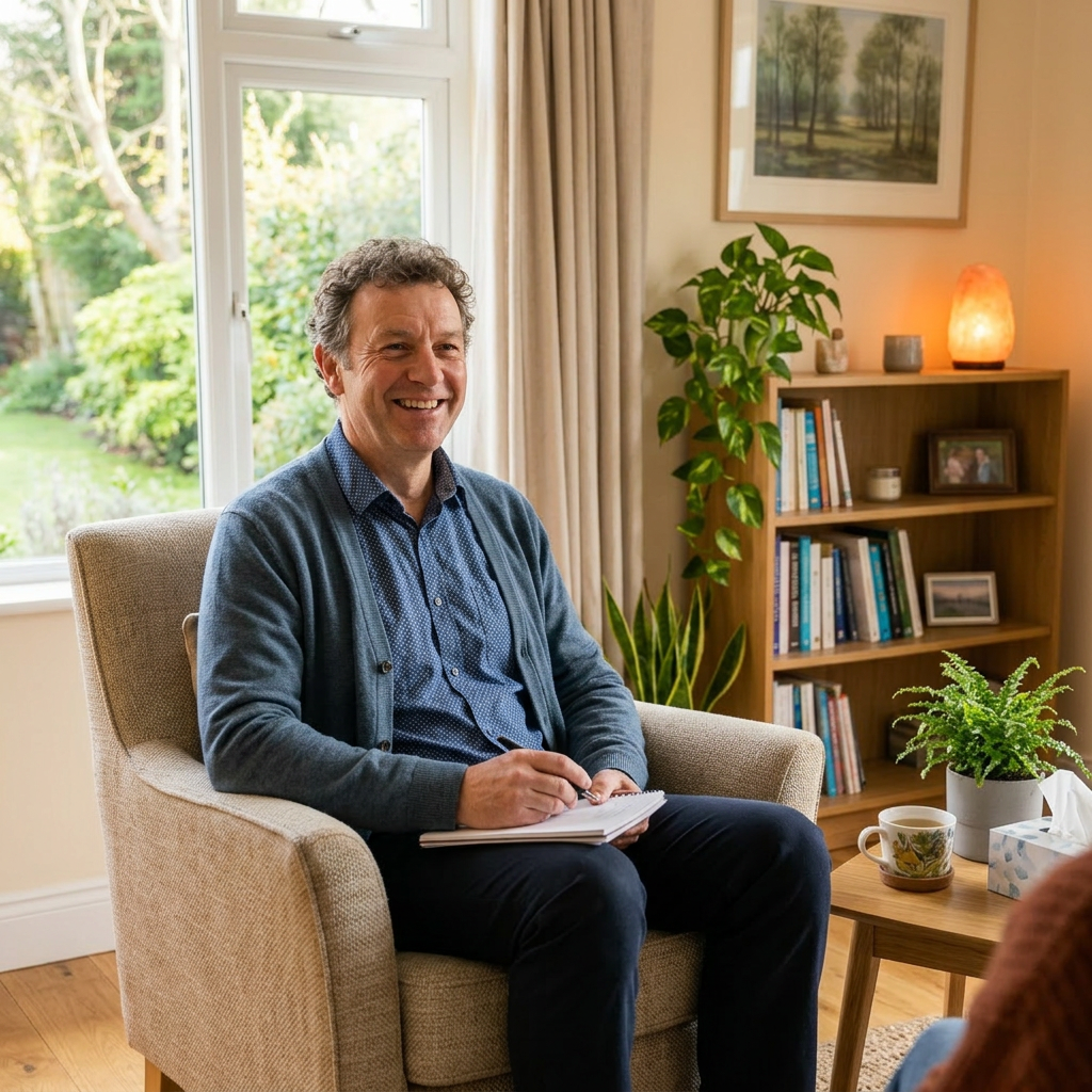 Male therapist sitting in armchair with notebook in cozy counseling office