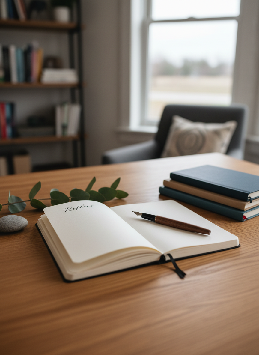 A neatly arranged writing desk symbolising reflective counselling work, featuring an open, unlined notebook with creamy thick pages, a smooth dark wood pen, and a small stack of closed journals in muted blues and sand tones. The desk surface is warm honey-toned timber with a subtle grain, positioned near a large window where diffused overcast daylight softly illuminates the scene. A small pebble and a sprig of eucalyptus rest beside the notebook, adding organic texture. Photographic realism, captured from a slightly elevated angle using the rule of thirds, with crisp focus on the notebook and pen and a gentle bokeh on the background. The mood is contemplative, grounded, and supportive, evoking space for processing anxiety, grief, and life transitions in a calm, professional environment.