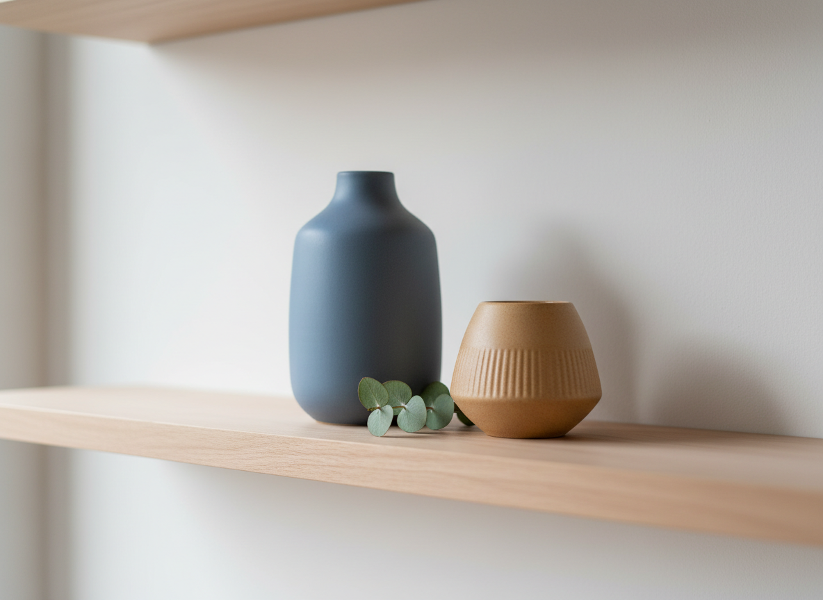 A minimalist representation of relationship and connection in counselling, featuring two complementary ceramic vessels on a light ash-wood shelf: one slightly taller in muted slate blue with a smooth matte finish, the other shorter in warm sand with a subtly ridged texture. They are placed close but not touching, with a small eucalyptus sprig resting between them. The background is an uncluttered, soft white wall. Natural window light from the left creates a quiet gradient across both forms and a gentle shared shadow. Photographic realism, shot at eye level with a shallow depth of field, keeping the vessels crisply detailed while the edges of the frame blur. The mood is respectful, balanced, and emotionally attuned, evoking supportive relationships and healthy boundaries within a professional counselling context.