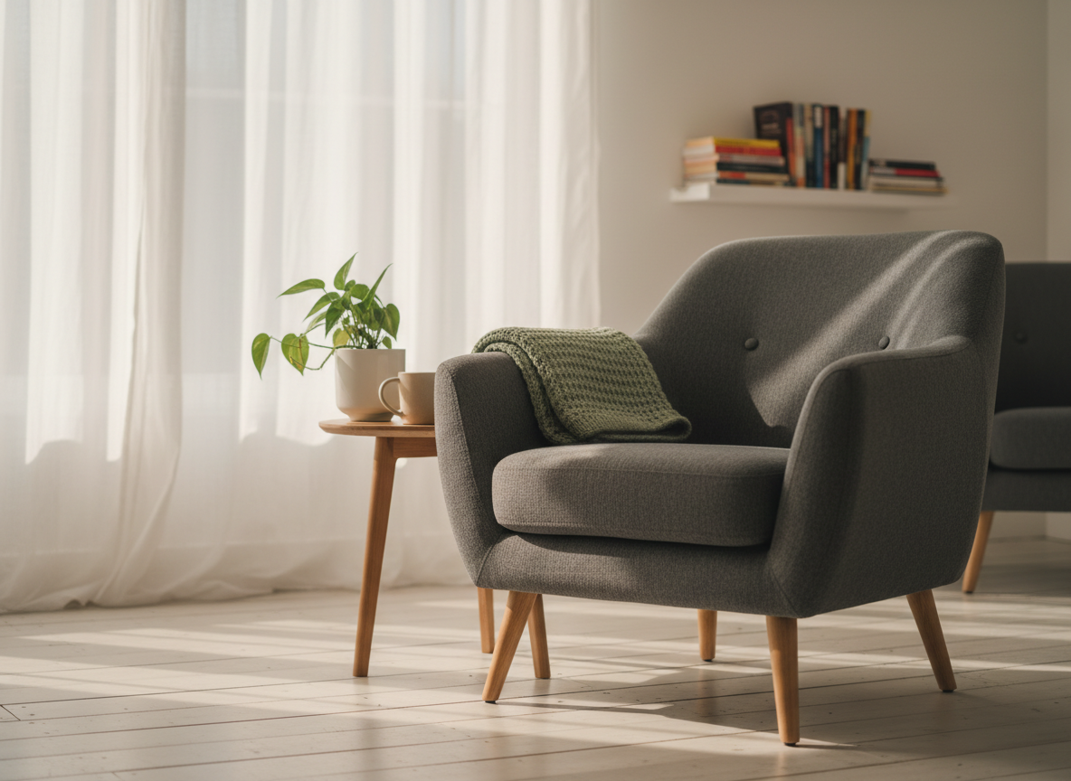 A tranquil counselling space represented by a low, soft charcoal-grey armchair with a richly textured fabric, gently curved back, and a folded sage-green throw resting over one arm. The chair is positioned beside a light oak side table holding a ceramic mug and a small, leafy indoor plant in a matte white pot. Warm afternoon light filters through sheer white curtains from a large unseen window, casting gentle, elongated shadows on a pale wooden floor and off-white walls. Photographic realism, shot at eye level with a shallow depth of field, keeping the armchair in sharp focus while the background softly blurs, creating a calm, professional, and welcoming atmosphere that suggests safety and grounded emotional support without showing any people.