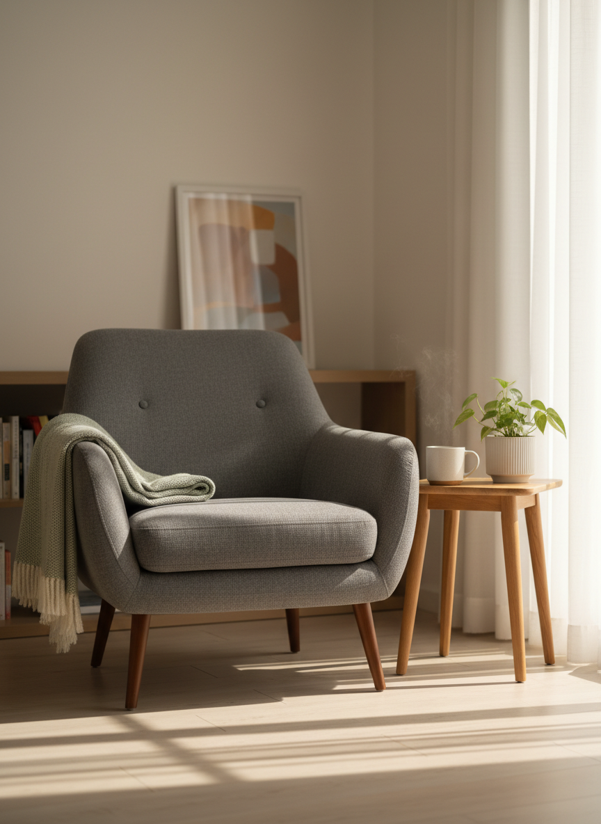 A tranquil counselling space represented by a low, soft charcoal-grey armchair with a richly textured fabric, gently curved back, and a folded sage-green throw resting over one arm. The chair is positioned beside a light oak side table holding a ceramic mug and a small, leafy indoor plant in a matte white pot. Warm afternoon light filters through sheer white curtains from a large unseen window, casting gentle, elongated shadows on a pale wooden floor and off-white walls. Photographic realism, shot at eye level with a shallow depth of field, keeping the armchair in sharp focus while the background softly blurs, creating a calm, professional, and welcoming atmosphere that suggests safety and grounded emotional support without showing any people.