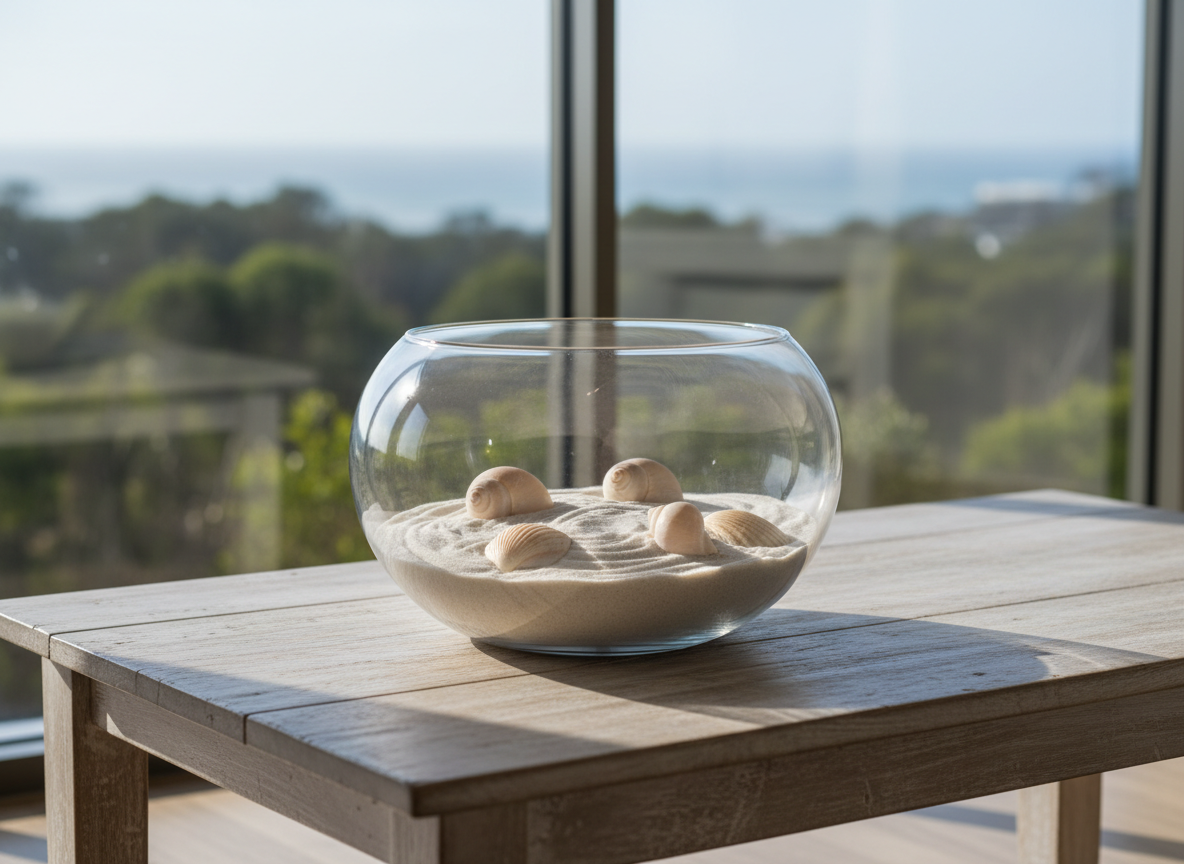A coastal-inspired scene suggesting life transitions and new perspectives, showing a large, clear glass bowl filled with fine pale sand and a few smooth shells, placed on a low, bleached-wood table near a wide window. Beyond the glass, out of focus, is a soft hint of Australian coastal vegetation and distant ocean blues. Early morning light streams in, creating sparkling highlights on the glass rim and gentle patterns in the sand. Photographic realism, captured from a slightly low angle with the bowl dominant in the foreground and the landscape blurred. The atmosphere is hopeful, spacious, and grounded, symbolising gentle change, healing from trauma, and emotional renewal in a calm, professional counselling setting without depicting any people.