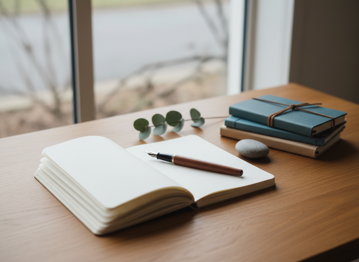 A neatly arranged writing desk symbolising reflective counselling work, featuring an open, unlined notebook with creamy thick pages, a smooth dark wood pen, and a small stack of closed journals in muted blues and sand tones. The desk surface is warm honey-toned timber with a subtle grain, positioned near a large window where diffused overcast daylight softly illuminates the scene. A small pebble and a sprig of eucalyptus rest beside the notebook, adding organic texture. Photographic realism, captured from a slightly elevated angle using the rule of thirds, with crisp focus on the notebook and pen and a gentle bokeh on the background. The mood is contemplative, grounded, and supportive, evoking space for processing anxiety, grief, and life transitions in a calm, professional environment.