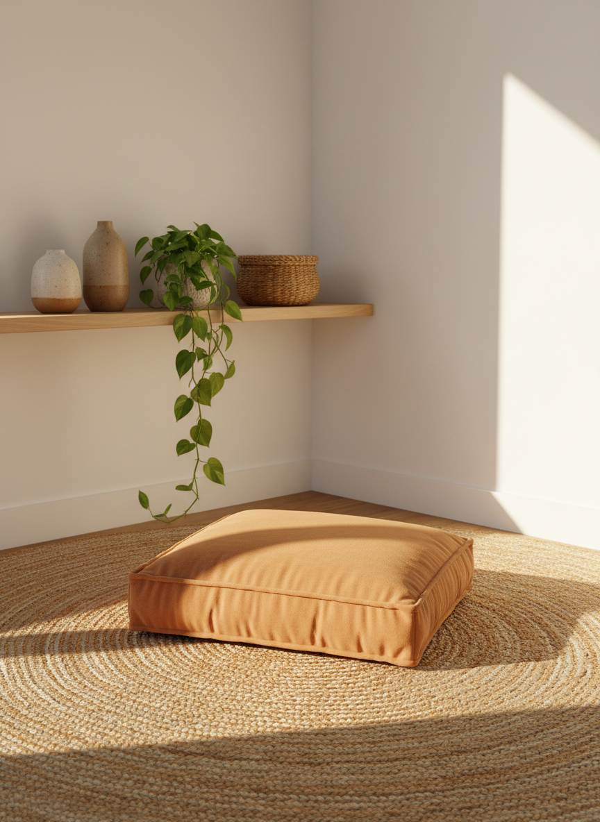 A serene corner representing emotional grounding, with a low, wide sandstone-colored cushion placed on a natural jute rug, next to a simple light-wood shelf containing a few carefully spaced ceramic vases, a woven basket, and a single leafy plant cascading softly downward. The wall behind is painted a warm, soft white, free of distractions. Late afternoon golden light enters from the side, creating gentle gradients of light and shadow across the textures of the rug and cushion. Photographic realism, composed with an asymmetrical balance and moderate depth of field, allowing the tactile surfaces to be crisply detailed while the background subtly softens. The mood is soothing, trauma-informed, and grounded, suggesting a safe space for emotional regulation, stress relief, and gentle self-reflection without any human presence.