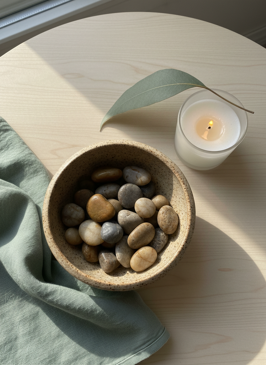 An overhead photographic view of a small collection of grounding objects arranged carefully on a smooth, pale timber table: a speckled stoneware bowl filled with polished river stones in mixed greys and warm browns, a folded cotton cloth in soft eucalyptus green, a lit unscented white candle in a frosted glass holder, and a single gum leaf laid diagonally across the composition. Soft morning light from a nearby window falls across the scene, creating delicate highlights on the stones and subtle shadows under each object. Photographic realism with sharp focus throughout, emphasizing natural textures and simple forms. The atmosphere is calm, organised, and reassuring, visually expressing gentle, compassionate support for anxiety, grief, and stress through tactile, non-verbal symbols rather than people.